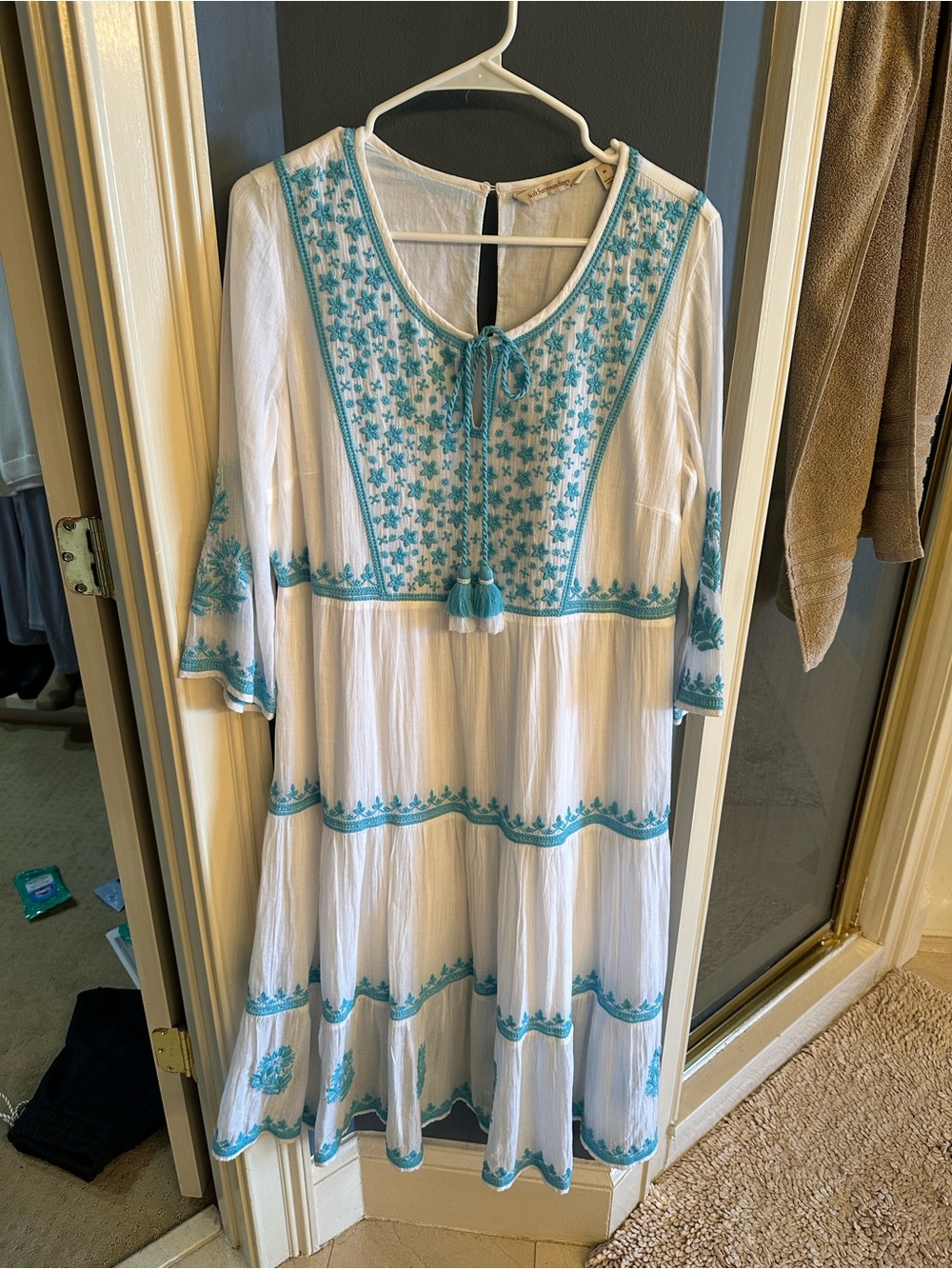 Soft Surroundings White Dress with Turquoise Embroidery